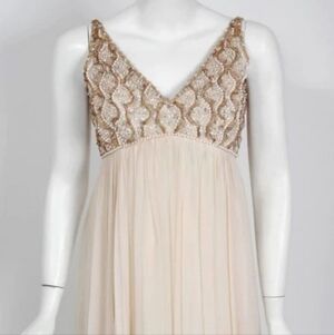 1960s Embellished V-Neck Beige Malcolm Starr Evening Dress